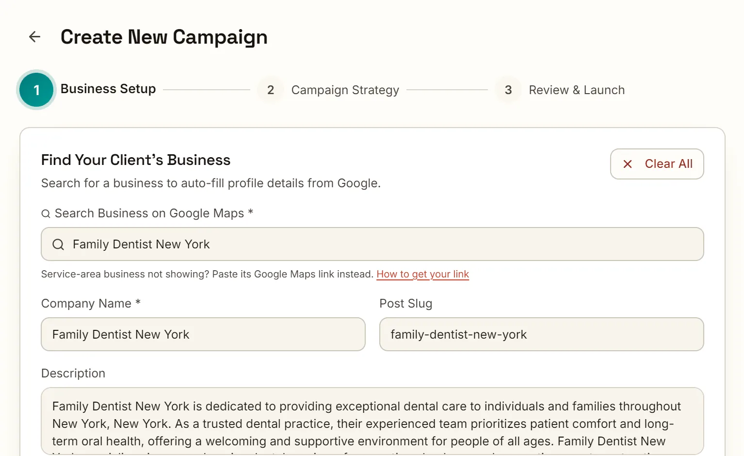 Business setup form