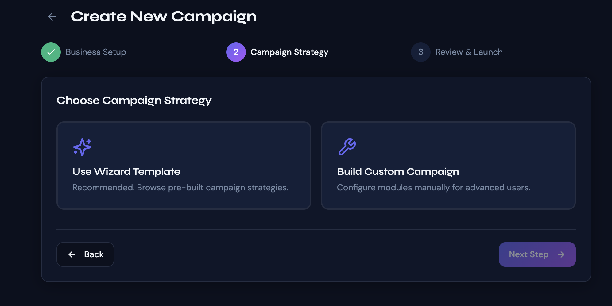 Choose campaign strategy screen